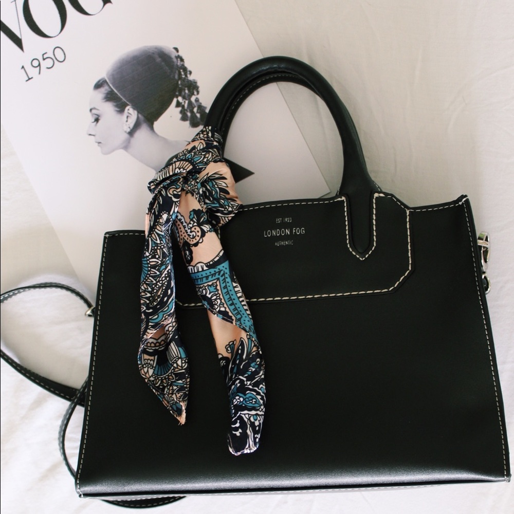 London Fog Black Leather Satchel with Scarf